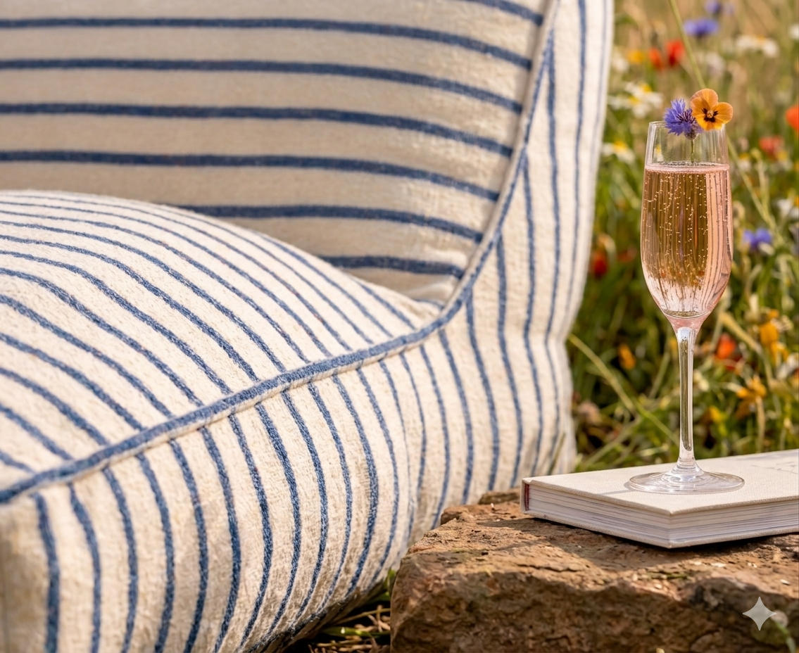 Luxuriöses aufblasbares Liegebett mit Baumwoll-Frottierbezug | Luftbett für Innenbereich, Garten, Pool & Camping: Creme/Blau