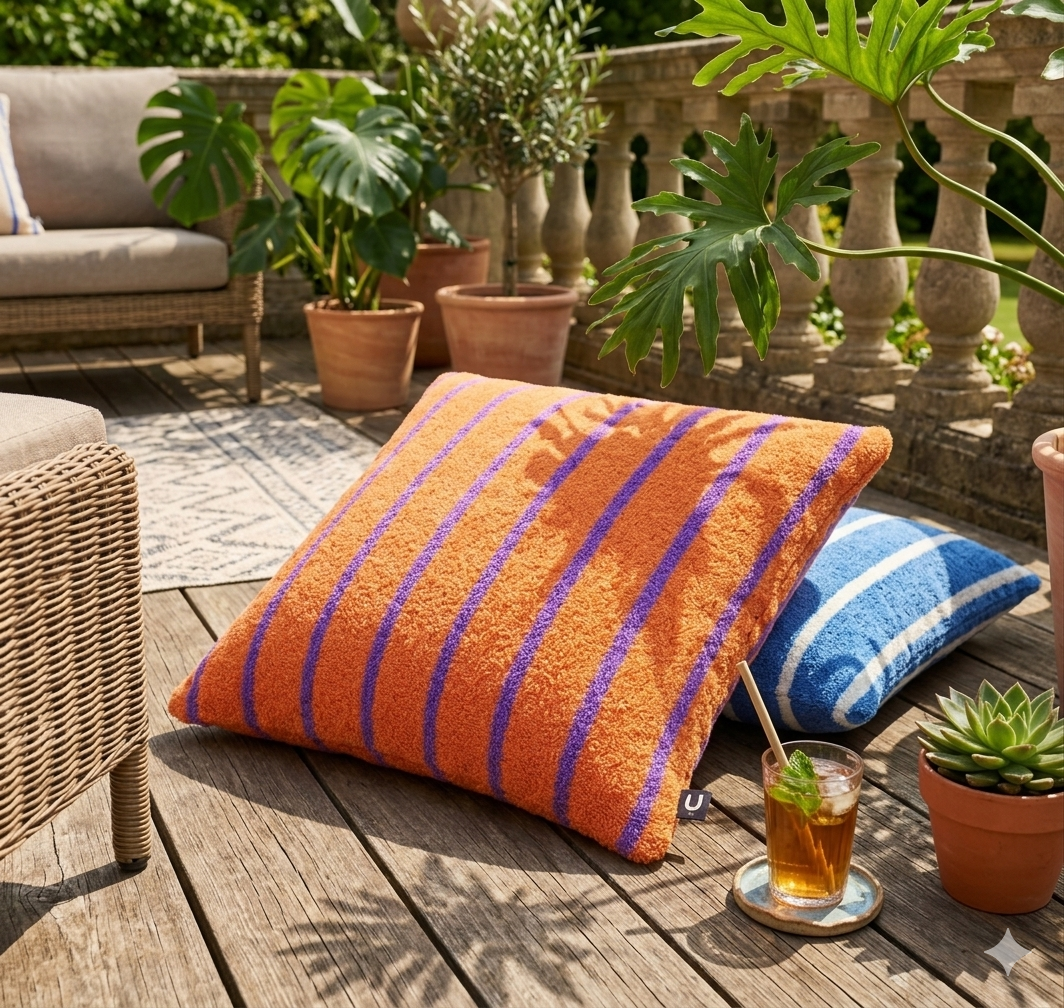 Großes Indoor-/Outdoor-Frottee-Streifenkissen | Wasserabweisendes Garten- und Poolkissen: Navy/Cream / Rectangle 45x28cm