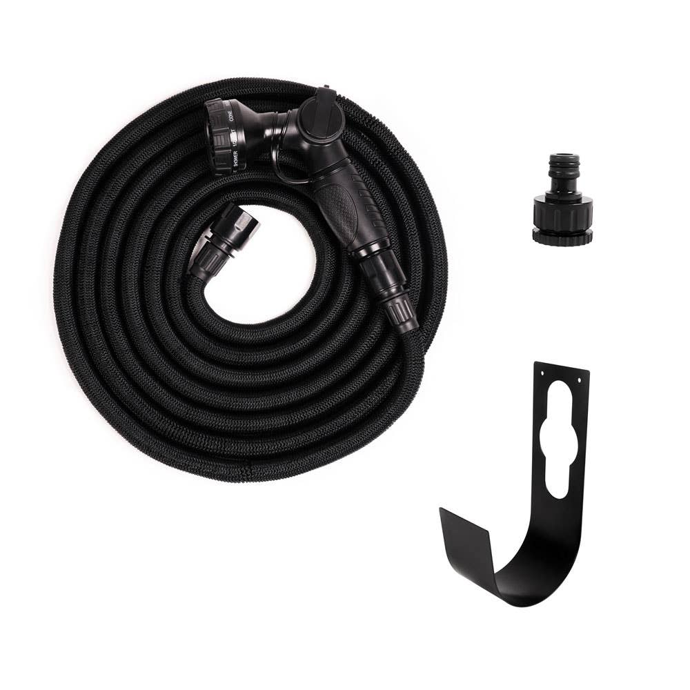 Garden Hose Deluxe Set von Benson – Gartenschlauch 15 m oder 25 m mit Sprühpistole, Metallhalter und Samttasche: Schwarz / 15 m