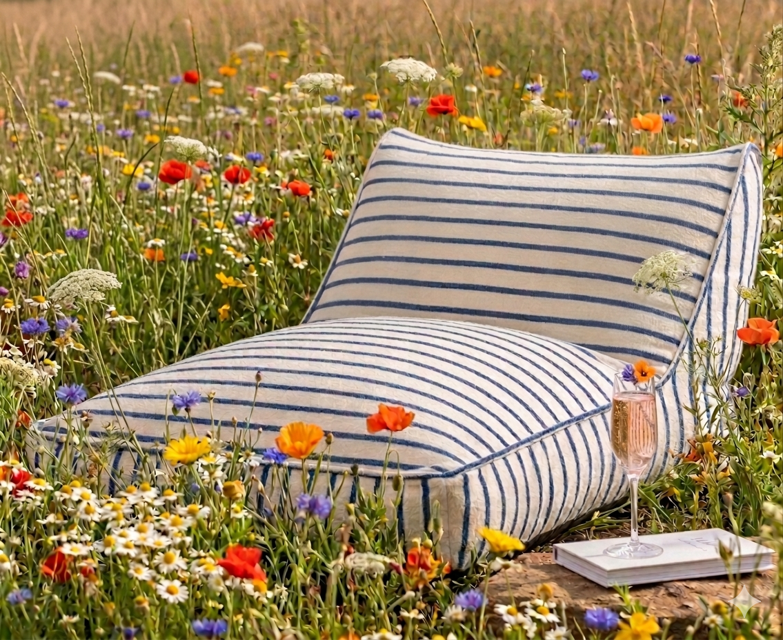 Luxuriöses aufblasbares Liegebett mit Baumwoll-Frottierbezug | Luftbett für Innenbereich, Garten, Pool & Camping: Creme/Blau