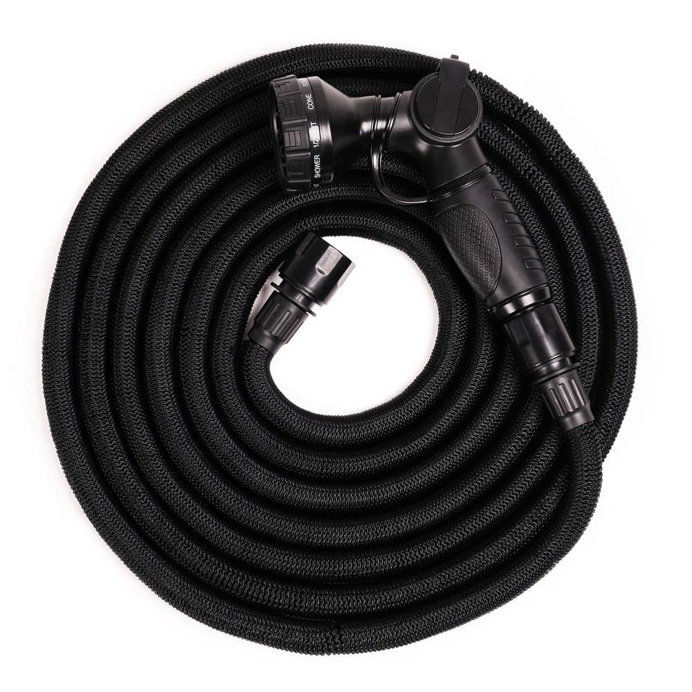 Garden Hose Deluxe Set von Benson – Gartenschlauch 15 m oder 25 m mit Sprühpistole, Metallhalter und Samttasche: Schwarz / 15 m