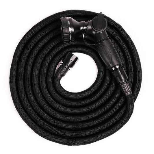 Garden Hose Deluxe Set von Benson – Gartenschlauch 15 m oder 25 m mit Sprühpistole, Metallhalter und Samttasche: Schwarz / 15 m