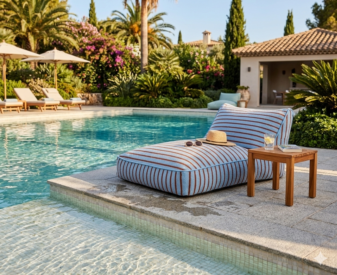 Luxuriöses aufblasbares Liegebett mit Baumwoll-Frottierbezug | Luftbett für Innenbereich, Garten, Pool & Camping: Creme/Blau